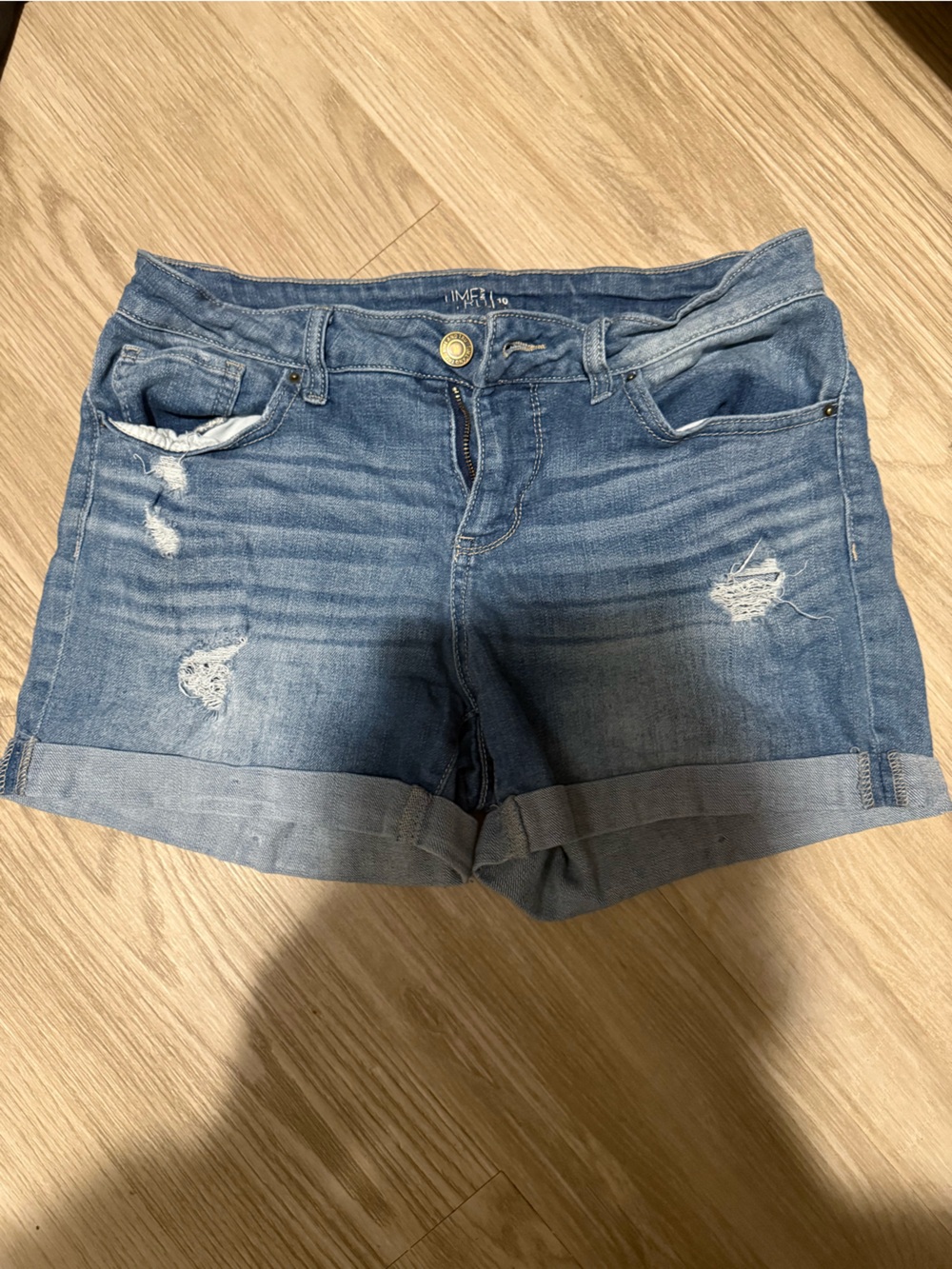 Time and Tru High-Rise Distressed Blue Denim Shorts